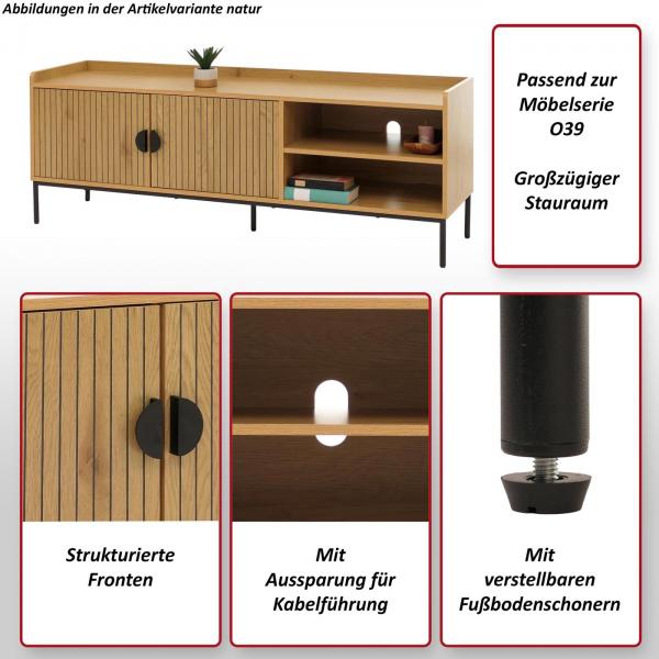 Foto mit wichtigsten Merkmalen des Produktes TV-Rack HWC-O39, TV-Board Fernsehtisch Lowboard TV-Schrank Kommode, Melamin MDF 56x150x40 ~ Holzoptik schwarz