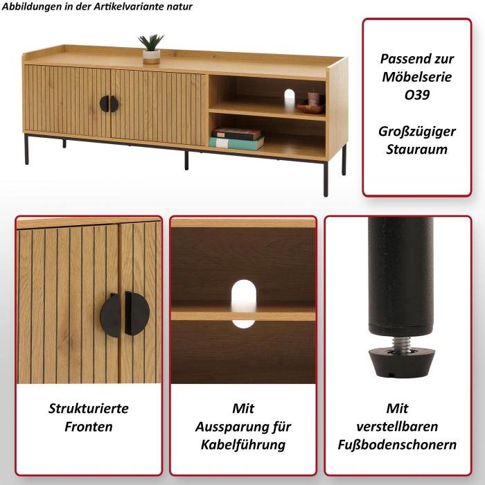 TV-Rack HWC-O39, TV-Board Fernsehtisch Lowboard TV-Schrank Kommode, Melamin MDF 56x150x40 ~ Holzoptik schwarz