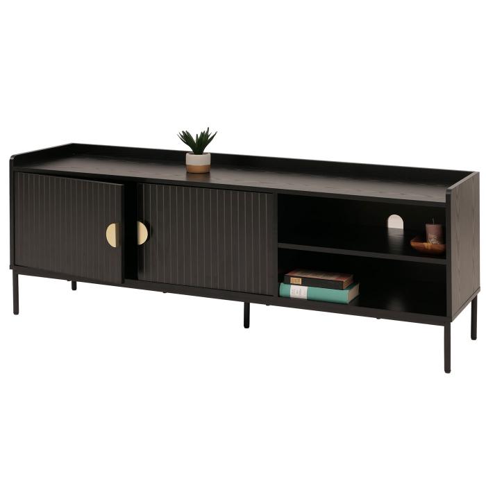 TV-Rack HWC-O39, TV-Board Fernsehtisch Lowboard TV-Schrank Kommode, Melamin MDF 56x150x40 ~ Holzoptik schwarz