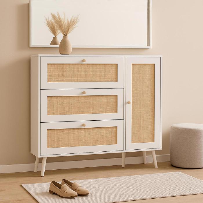 Rattan-Schuhkipper HWC-M37, Schuhregal Schuhschrank, 3 Kippfcher 2 Regalbden 127x120x24cm Holz Melamin ~ wei