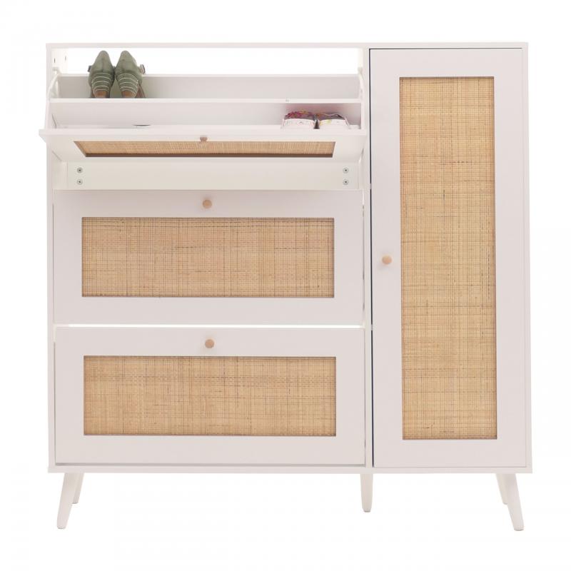 Rattan-Schuhkipper HWC-M37, Schuhregal Schuhschrank, 3 Kippfcher 2 Regalbden 127x120x24cm Holz Melamin ~ wei
