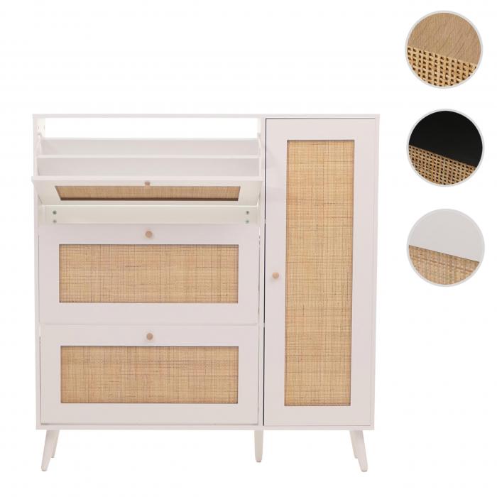 Rattan-Schuhkipper HWC-M37, Schuhregal Schuhschrank, 3 Kippfcher 2 Regalbden 127x120x24cm Holz Melamin ~ wei