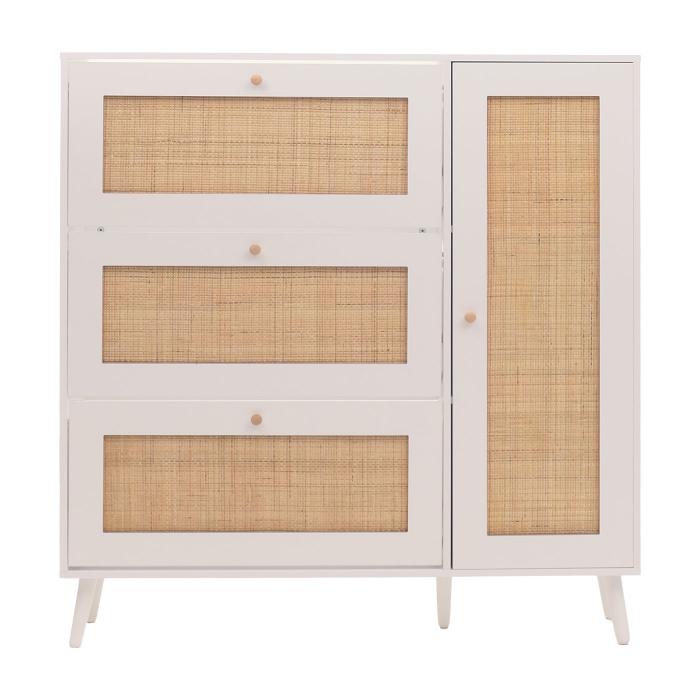 Rattan-Schuhkipper HWC-M37, Schuhregal Schuhschrank, 3 Kippfcher 2 Regalbden 127x120x24cm Holz Melamin ~ wei