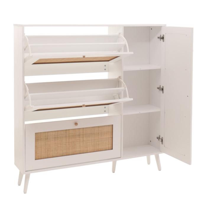 Rattan-Schuhkipper HWC-M37, Schuhregal Schuhschrank, 3 Kippfcher 2 Regalbden 127x120x24cm Holz Melamin ~ wei
