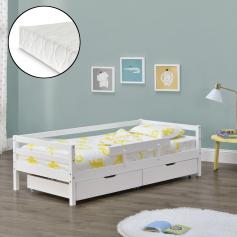 Kinderbett HLO-PX170 90x200 cm mit Kaltschaummatratze + Stauraum + Rausfallschutz ~ Weiß