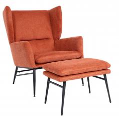 Lounge-Sessel mit Ottomane HWC-L62, Ohrensessel Polstersessel Cocktailsessel Hocker, Stoff/Textil ~ terracotta-braun