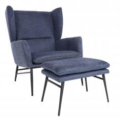 Lounge-Sessel mit Ottomane HWC-L62, Sessel Polstersessel Cocktailsessel Hocker, Stoff/Textil ~ blau