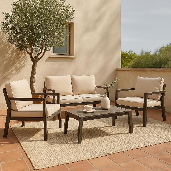 Garnitur HWC-L64, Gartenlounge Gartengarnitur Lounge-Set Sitzgruppe Sofa, Metall ~ Polster creme-wei