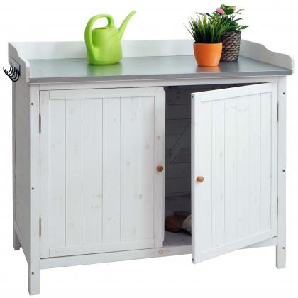 Gartenschrank mit Arbeitsplatte HWC-L69, Pflanztisch, Outdoor Tanne Holz FSC-zertifiziert 86x104x52cm ~ wei