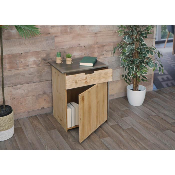 Kommode HWC-L76, Nachttisch Beistelltisch, Industrial Massiv-Holz MVG-zertifiziert 60x50x40cm, natur mit Metall-Optik