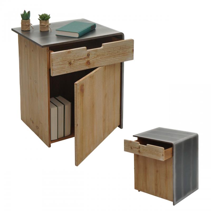 Kommode HWC-L76, Nachttisch Beistelltisch, Industrial Massiv-Holz MVG-zertifiziert 60x50x40cm, natur mit Metall-Optik