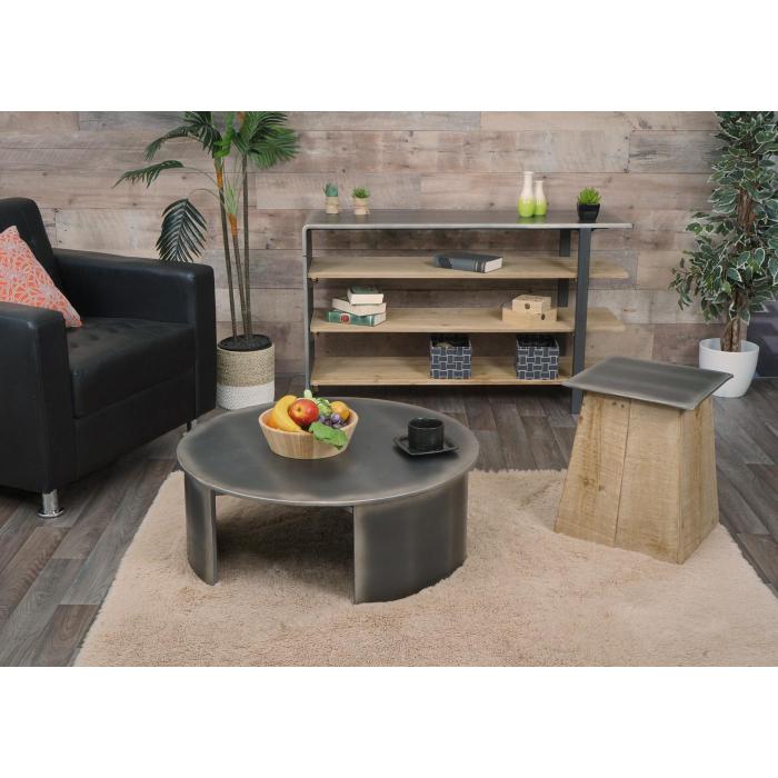 Hocker HWC-L76, Sitzhocker Holzhocker, Industrial Massiv-Holz MVG-zertifiziert, natur mit Metall-Optik