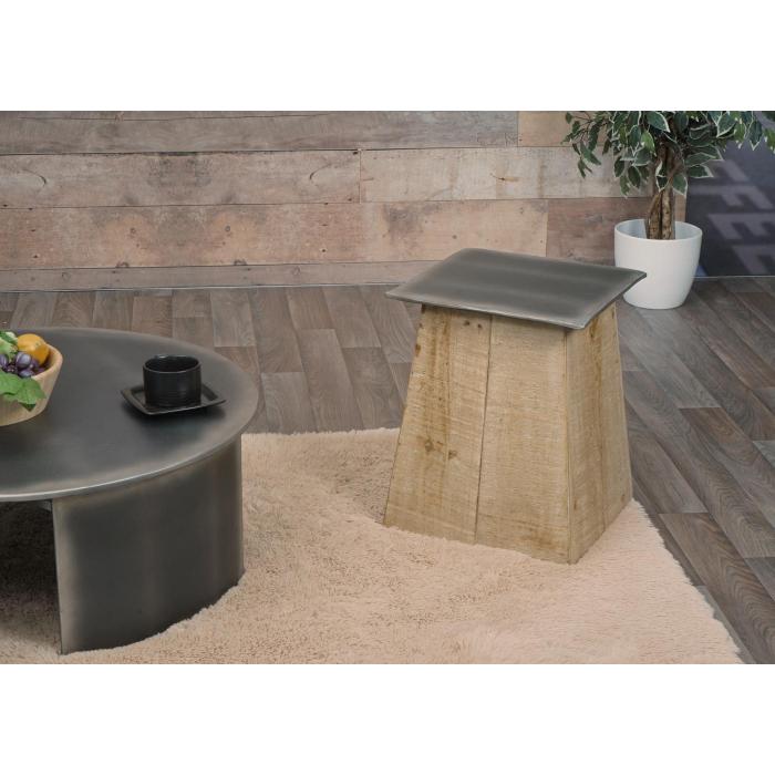 Hocker HWC-L76, Sitzhocker Holzhocker, Industrial Massiv-Holz MVG-zertifiziert, natur mit Metall-Optik