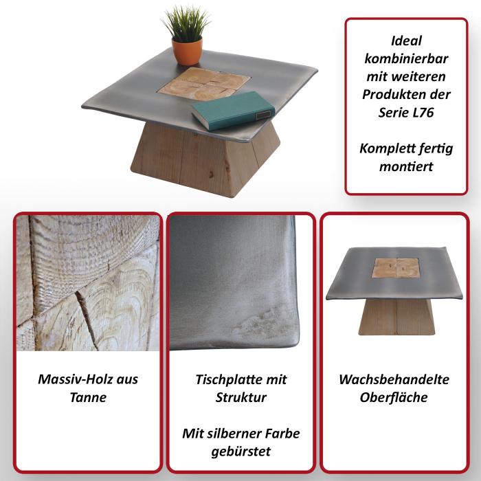 Couchtisch HWC-L76, Wohnzimmertisch Beistelltisch, Industrial Massiv-Holz MVG, 60x60cm natur mit Metall-Optik