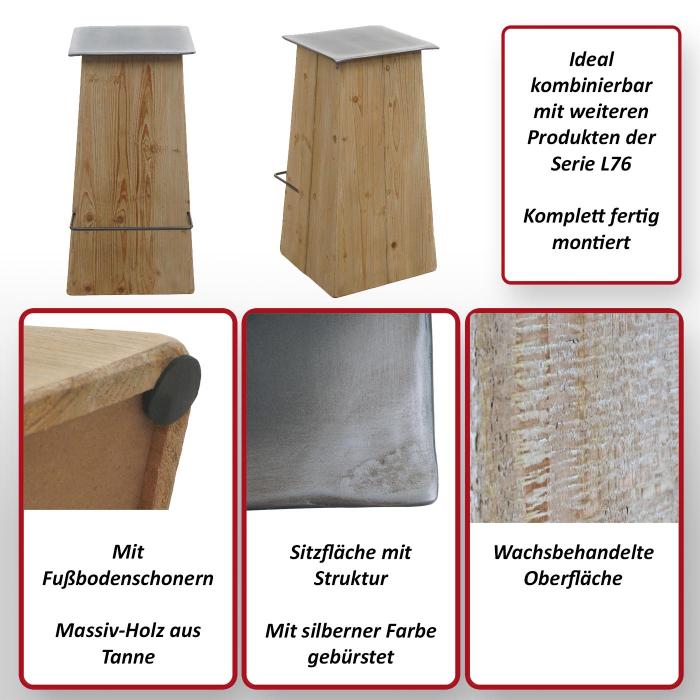 Barhocker HWC-L76, Barstuhl Tresenhocker, Industrial Massiv-Holz MVG-zertifiziert, natur mit Metall-Optik