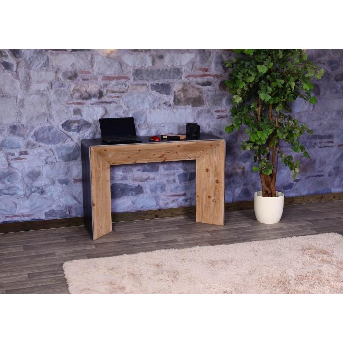 Konsolentisch HWC-L76, Telefontisch Beistelltisch Tisch, Industrial Massiv-Holz MVG, 80x120x40cm natur mit Metall-Optik