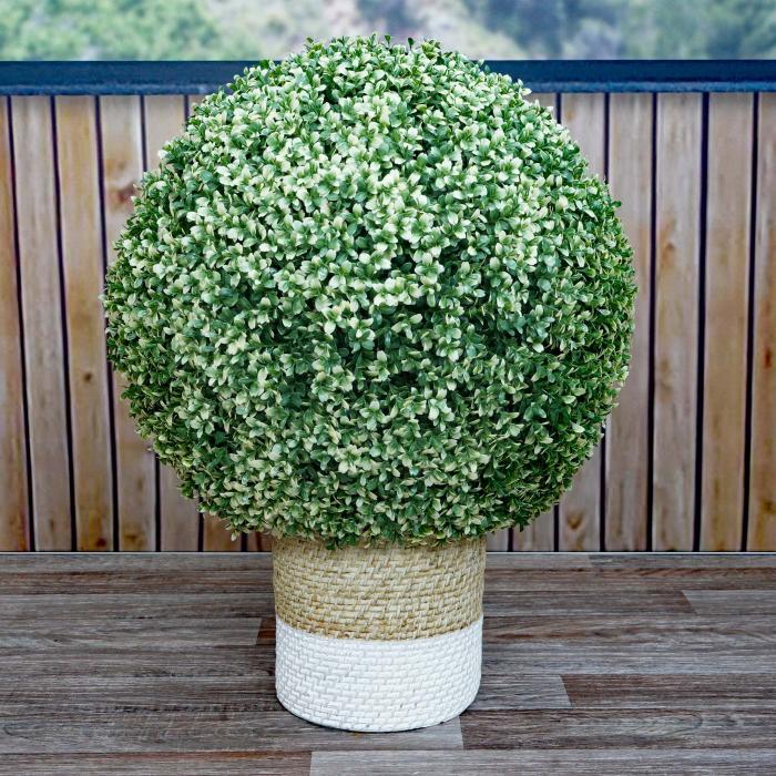 Knstlicher Busch HWC-L77, Buchskugel Dekopflanze Buchsbaumkugel Kunstpflanze Buxus, Outdoor  55cm ~ wei