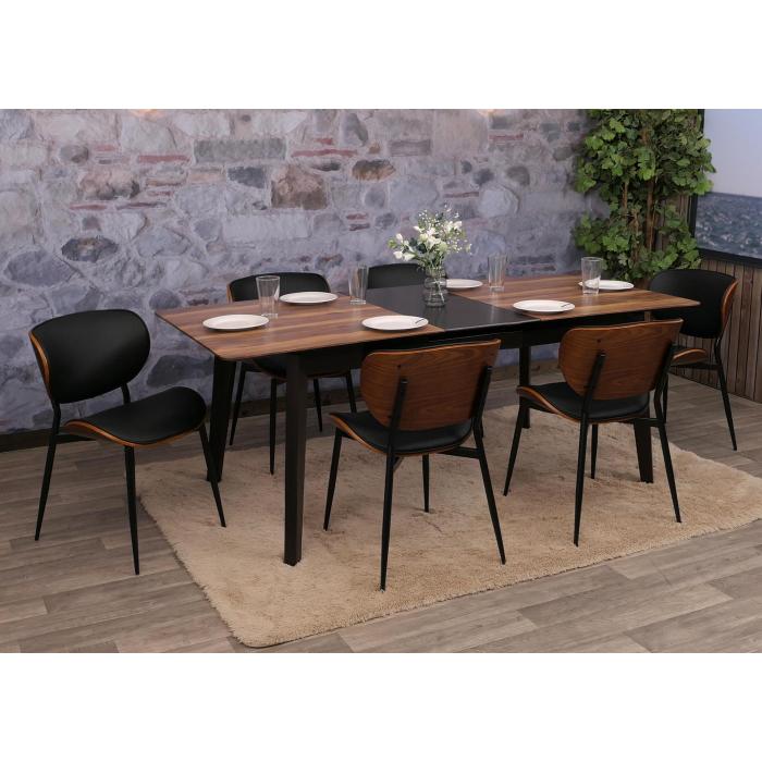 6er-Set Esszimmerstuhl HWC-O45, Stuhl, Bugholz Kunstleder 280g/m ko-Tex FSC ~ Walnuss-Optik, schwarz