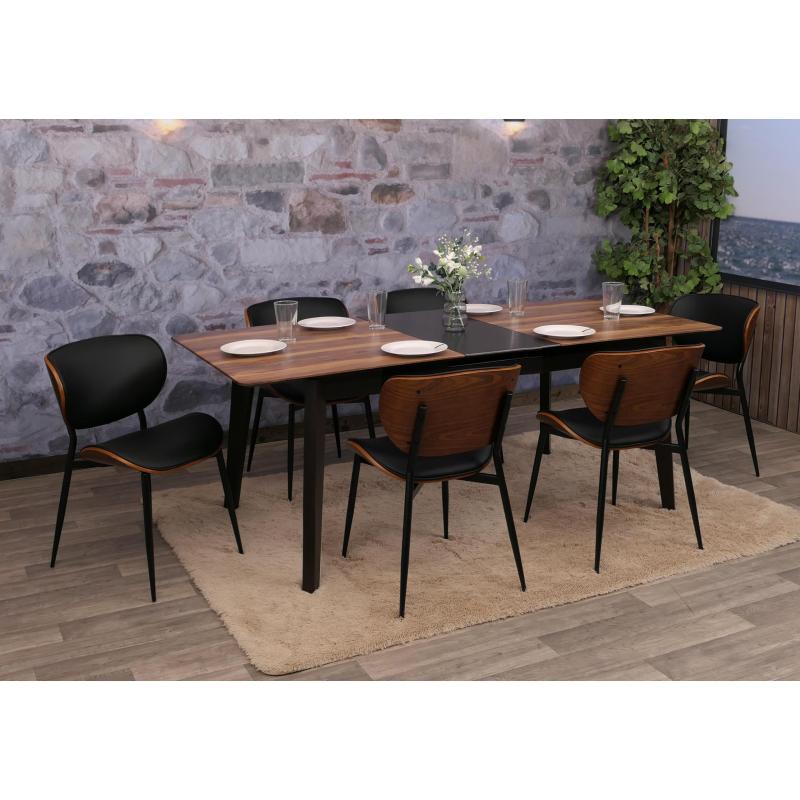 6er-Set Esszimmerstuhl HWC-O45, Stuhl, Bugholz Kunstleder 280g/m ko-Tex FSC ~ Walnuss-Optik, schwarz