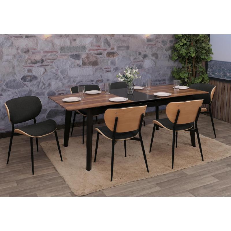6er-Set Esszimmerstuhl HWC-O45, Bugholz Stoff (370g/m) ko-Tex FSC-zertifiziert ~ natur, dunkelgrau