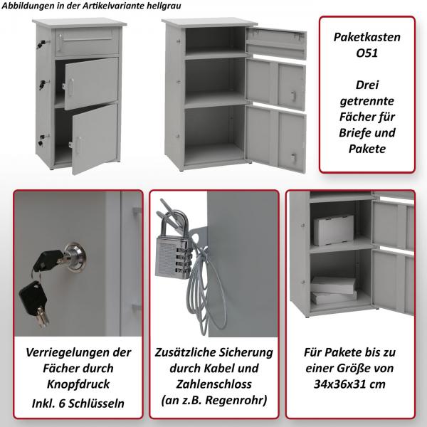 Foto mit wichtigsten Merkmalen des Produktes Paketkasten HWC-O51, Paketbox Paketfach Paketstation Briefkasten 3 Fcher, Stahl 89x49x38cm ~ dunkelgrau
