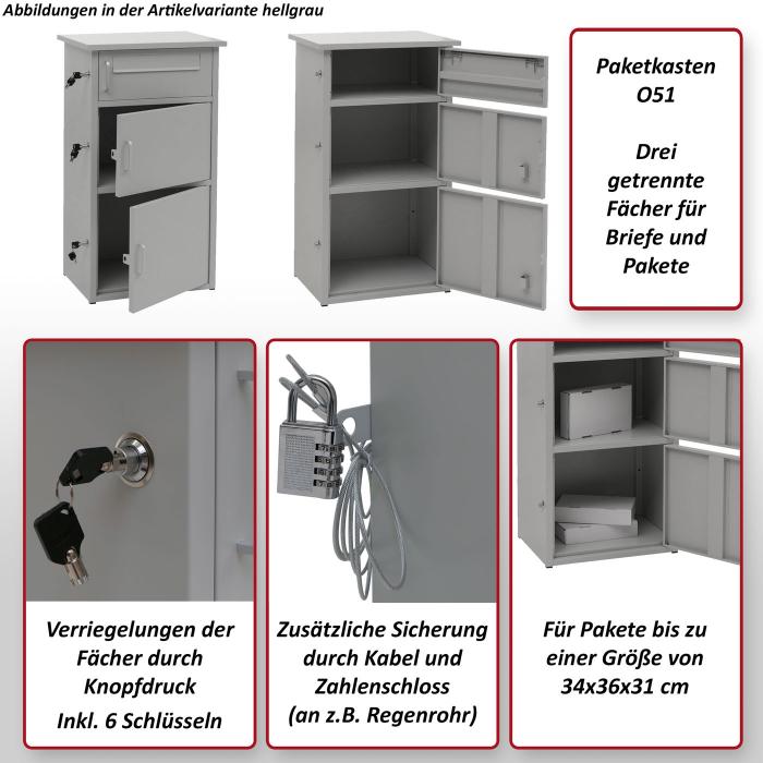 Paketkasten HWC-O51, Paketbox Paketfach Paketstation Briefkasten 3 Fcher, Stahl 89x49x38cm ~ dunkelgrau