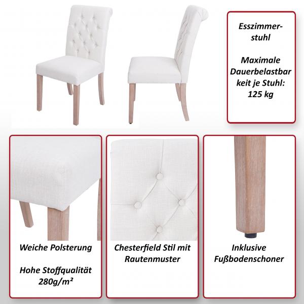 Foto mit wichtigsten Merkmalen des Produktes 6er-Set Esszimmerstuhl HWC-O65, Kchenstuhl Polsterstuhl, Chesterfield Stoff/Textil (280g/m), wei