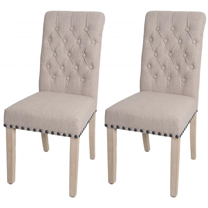 2er-Set Esszimmerstuhl HWC-O66, Kchenstuhl Polsterstuhl, Chesterfield Nieten Stoff/Textil ~ beige
