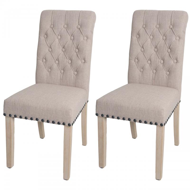 2er-Set Esszimmerstuhl HWC-O66, Kchenstuhl Polsterstuhl, Chesterfield Nieten Stoff/Textil ~ beige