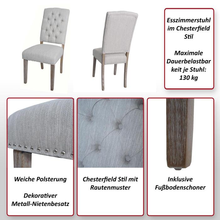6er-Set Esszimmerstuhl HWC-O66b, Kchenstuhl Polsterstuhl, Chesterfield Nieten Stoff/Textil, hellgrau