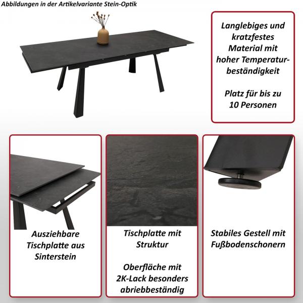 Foto mit wichtigsten Merkmalen des Produktes Esszimmertisch HWC-O59, Esstisch Ausziehtisch, Sinterstein Metall ausziehbar 160-242x91cm ~ Marmor-Optik grau