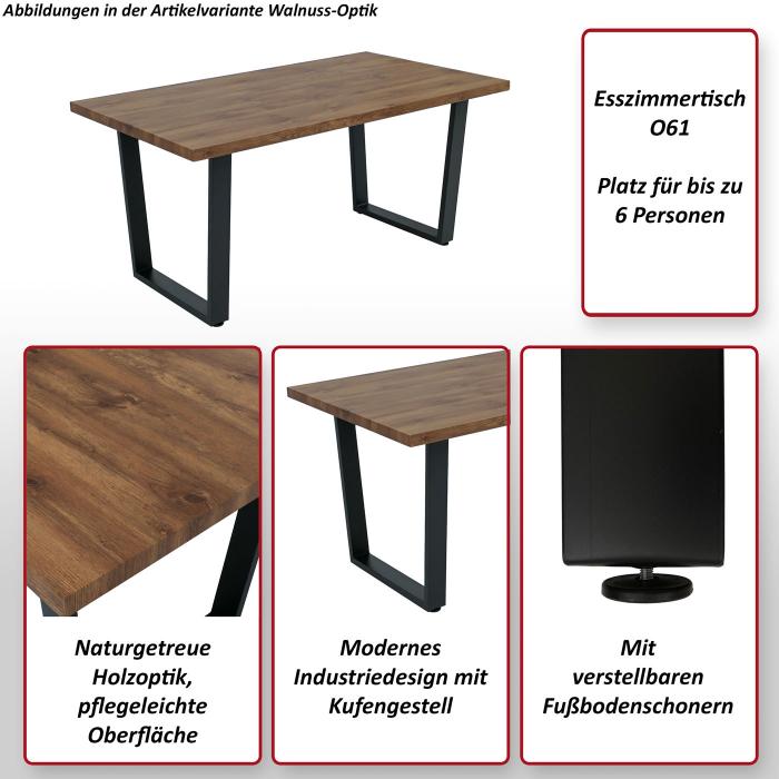 Esszimmertisch HWC-O61, Tisch Kchentisch Esstisch, Industrial MDF Metall 160x90cm ~ Walnuss-Optik