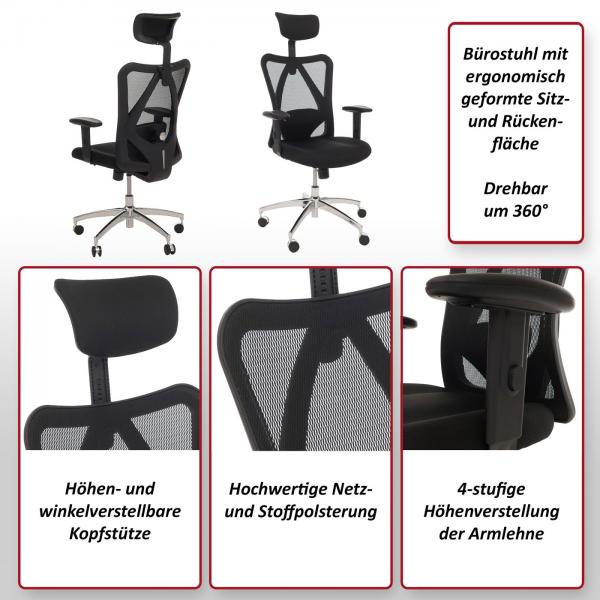 Foto mit wichtigsten Merkmalen des Produktes Brostuhl HWC-O64, Schreibtischstuhl, ergonomisch, verstellbare Lordosensttze Armlehne ~ schwarz