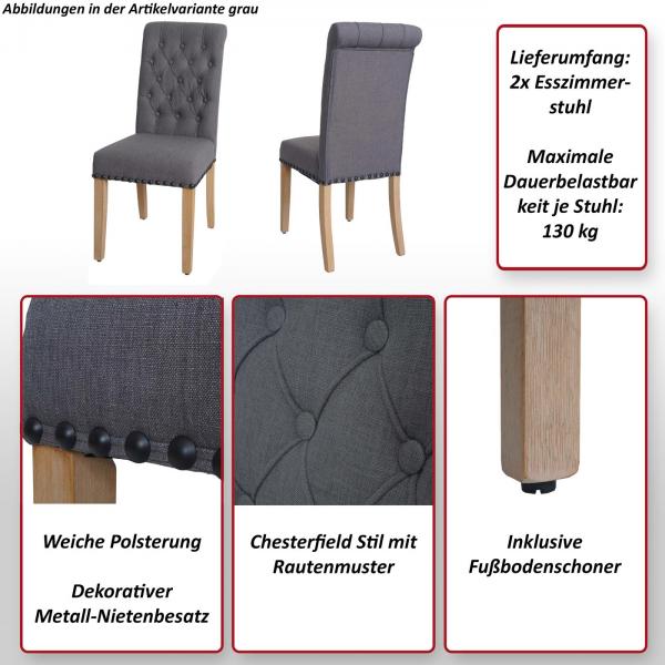 Foto mit wichtigsten Merkmalen des Produktes 2er-Set Esszimmerstuhl HWC-O66, Kchenstuhl Polsterstuhl, Chesterfield Nieten Stoff/Textil ~ hellblau