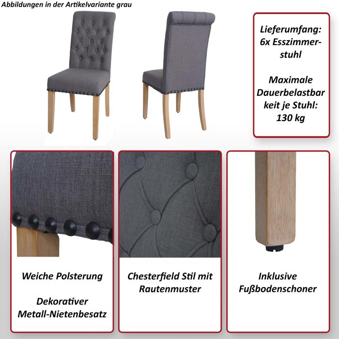 6er-Set Esszimmerstuhl HWC-O66, Kchenstuhl Polsterstuhl, Chesterfield Nieten Stoff/Textil ~ wei