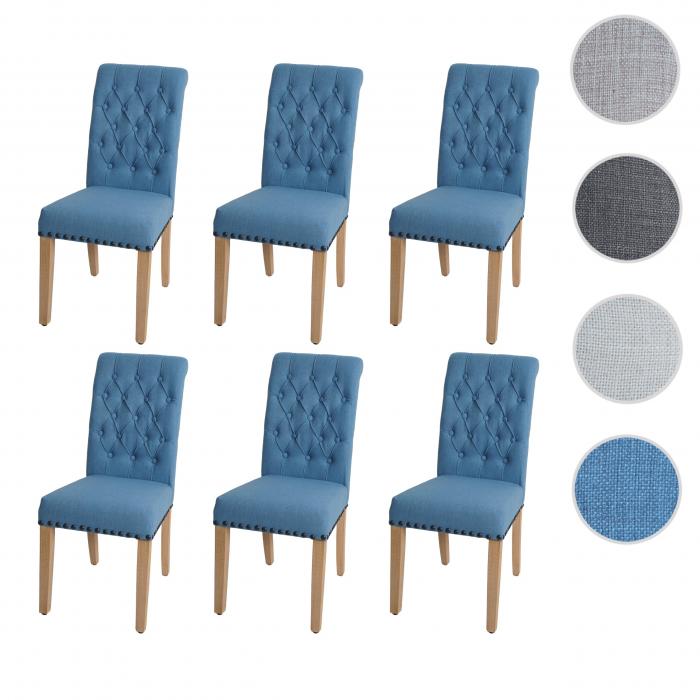 6er-Set Esszimmerstuhl HWC-O66, Kchenstuhl Polsterstuhl, Chesterfield Nieten Stoff/Textil ~ hellblau
