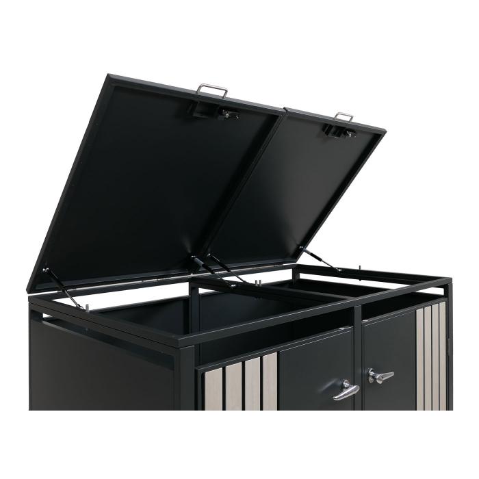 2er-Mlltonnenverkleidung HWC-O67, Mlltonnenbox mit Deckel, Metall 122x132x84cm 53kg ~ anthrazit Holzoptik hell