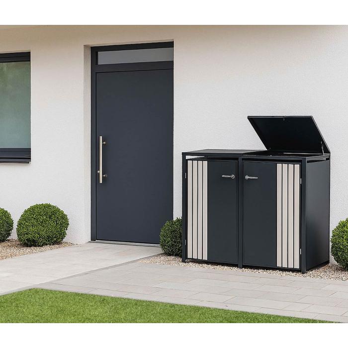 2er-Mlltonnenverkleidung HWC-O67, Mlltonnenbox mit Deckel, Metall 122x132x84cm 53kg ~ anthrazit Holzoptik hell