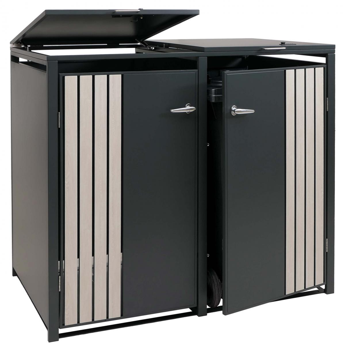2er-Mlltonnenverkleidung HWC-O67, Mlltonnenbox mit Deckel, Metall 122x132x84cm 53kg ~ anthrazit Holzoptik hell
