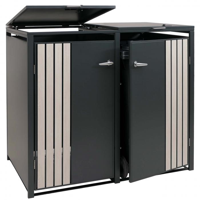 2er-Mlltonnenverkleidung HWC-O67, Mlltonnenbox mit Deckel, Metall 122x132x84cm 53kg ~ anthrazit Holzoptik hell