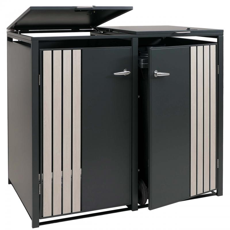 2er-Mlltonnenverkleidung HWC-O67, Mlltonnenbox mit Deckel, Metall 122x132x84cm 53kg ~ anthrazit Holzoptik hell