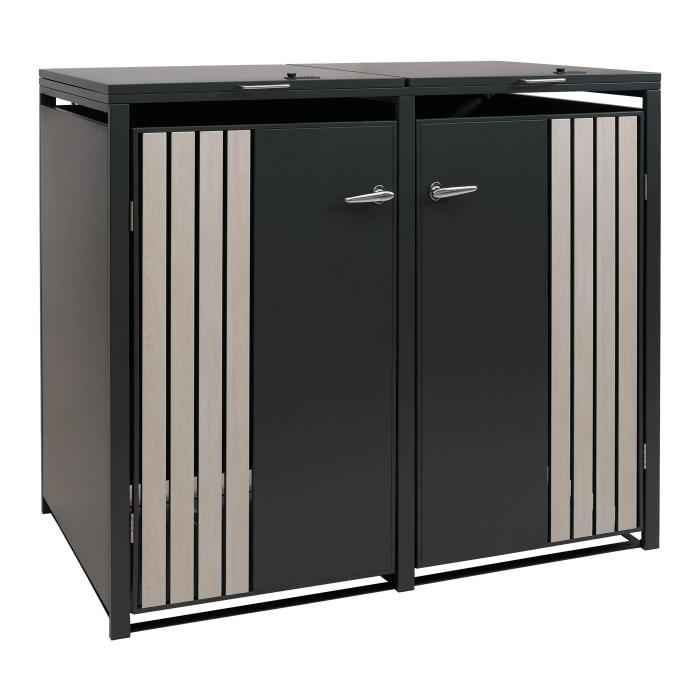 2er-Mlltonnenverkleidung HWC-O67, Mlltonnenbox mit Deckel, Metall 122x132x84cm 53kg ~ anthrazit Holzoptik hell