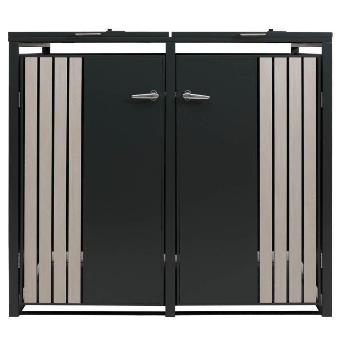 2er-Mlltonnenverkleidung HWC-O67, Mlltonnenbox mit Deckel, Metall 122x132x84cm 53kg ~ anthrazit Holzoptik hell