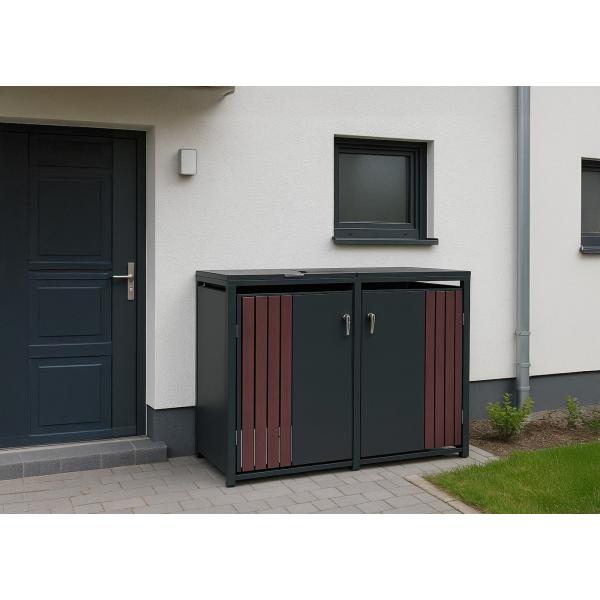 Stimmungsbild fr Produkt 2er-Mlltonnenverkleidung HWC-O67, Mlltonnenbox mit Deckel, Metall 122x132x84cm 53kg ~ anthrazit Holzoptik dunkel