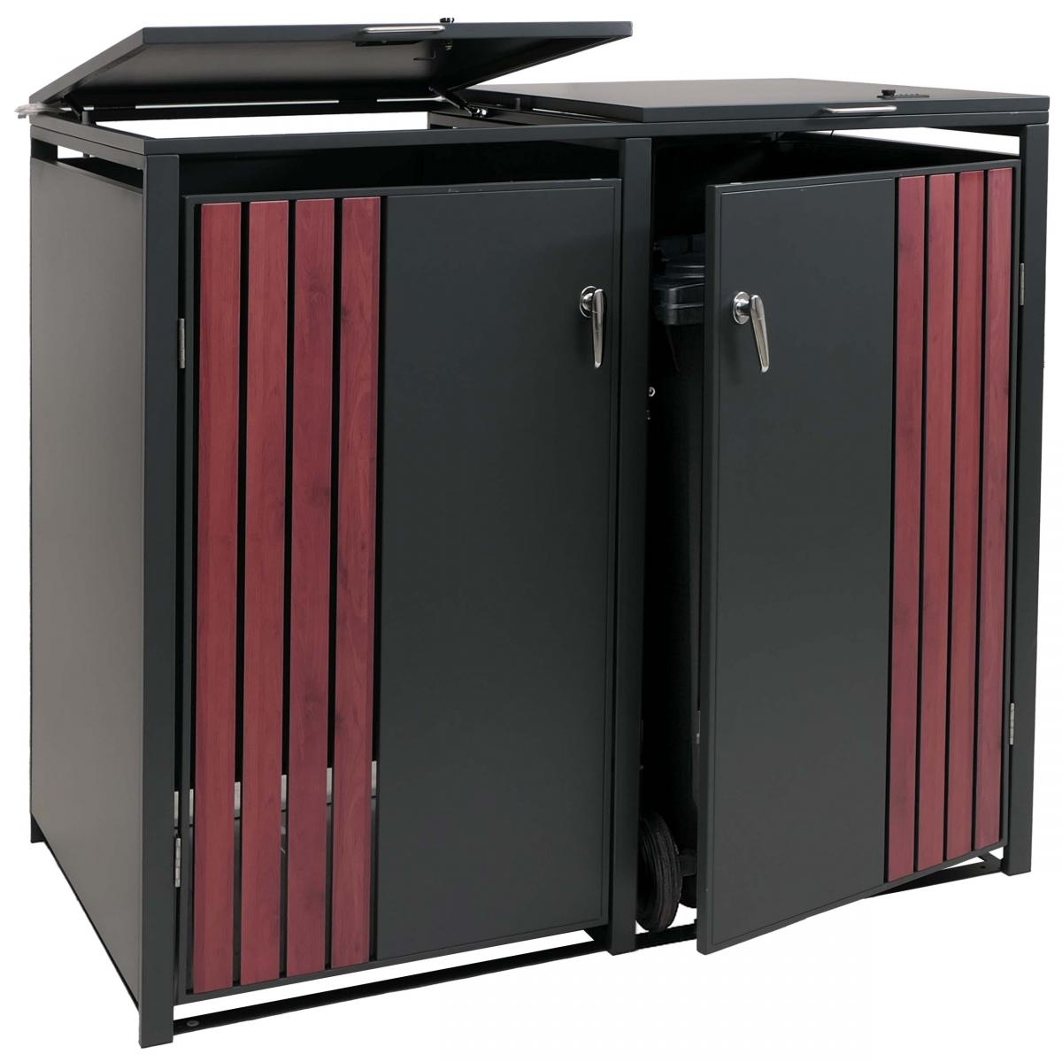 2er-Mlltonnenverkleidung HWC-O67, Mlltonnenbox mit Deckel, Metall 122x132x84cm 53kg ~ anthrazit Holzoptik dunkel