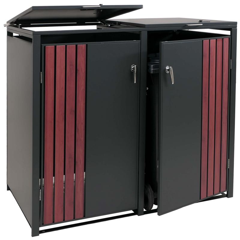 2er-Mlltonnenverkleidung HWC-O67, Mlltonnenbox mit Deckel, Metall 122x132x84cm 53kg ~ anthrazit Holzoptik dunkel