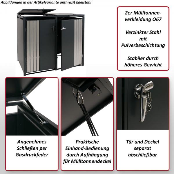 Foto mit wichtigsten Merkmalen des Produktes 2er-Mlltonnenverkleidung HWC-O67, Mlltonnenbox mit Deckel, Metall 122x132x84cm 53kg ~ anthrazit Holzoptik hell