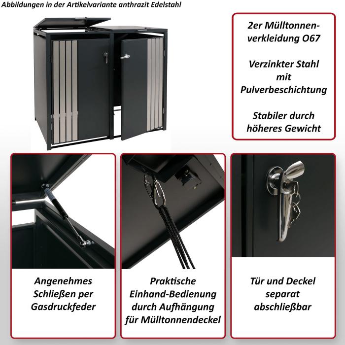 2er-Mlltonnenverkleidung HWC-O67, Mlltonnenbox mit Deckel, Metall 122x132x84cm 53kg ~ anthrazit Holzoptik hell