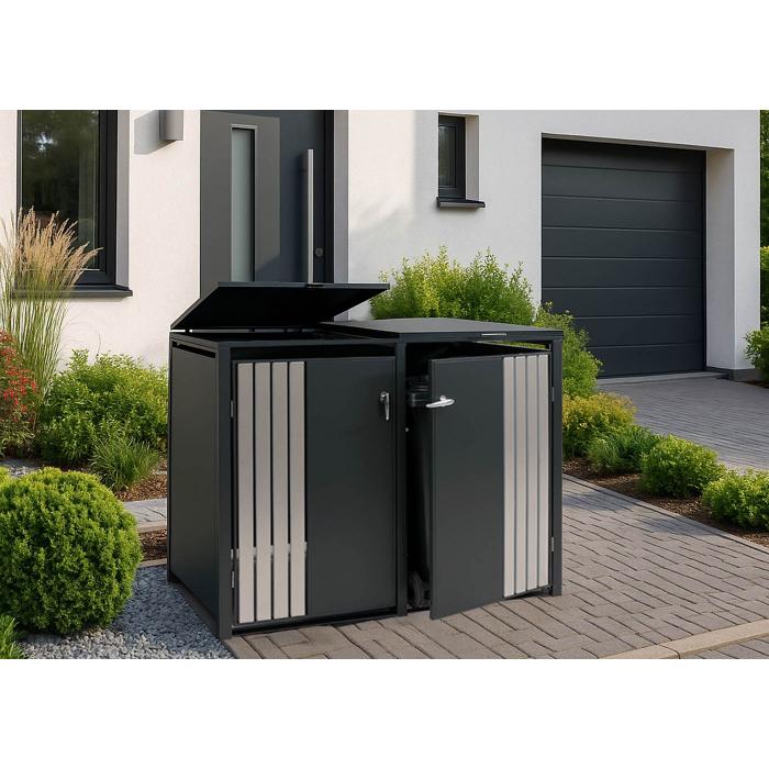 2er-Mlltonnenverkleidung HWC-O67, Mlltonnenbox mit Deckel, Metall 122x132x84cm 53kg ~ anthrazit Edelstahl