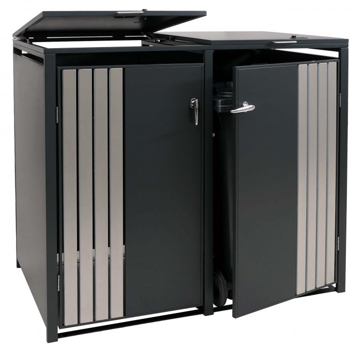2er-Mlltonnenverkleidung HWC-O67, Mlltonnenbox mit Deckel, Metall 122x132x84cm 53kg ~ anthrazit Edelstahl